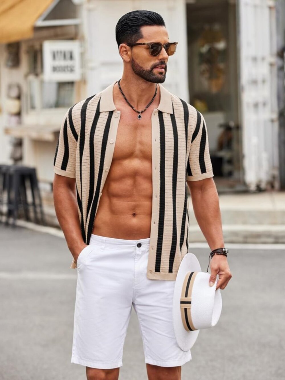 Men's Black Knit Striped Polo Short Sleeve Summer Beach Casual Shirt - Picture 2 of 6
